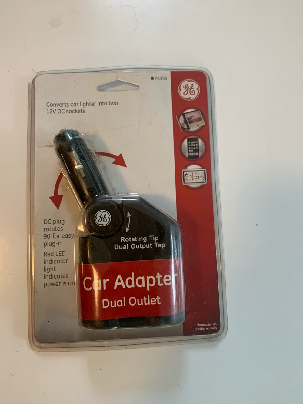 GE Rotating-Tip Dual Outlet Car Adapter - Black